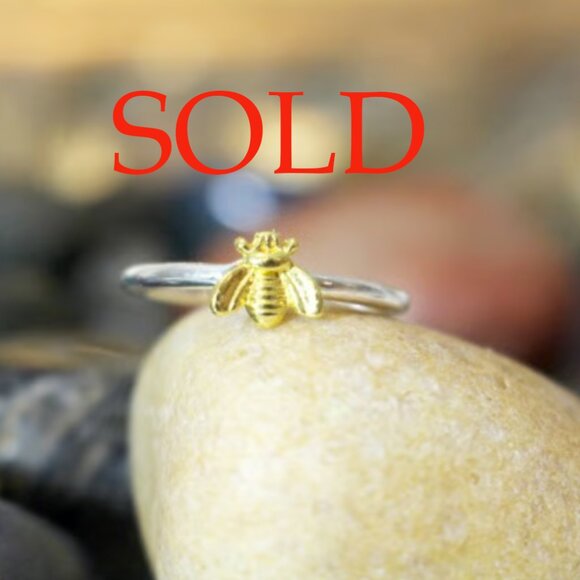 SOLD Simple Tiny Silver Gold Bee Ring size 6 - Picture 1 of 5